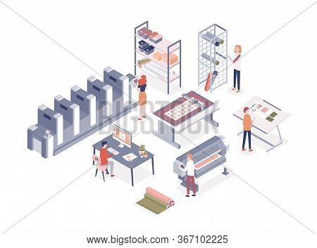 Cartoon People Working At Printing Service Center Vector Isometric Illustration. Man And Woman Worke