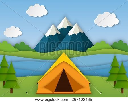 Paper Cut Summer Landsape. Landscape With Yellow Tent, Forest And Mountains On The Background. Adven