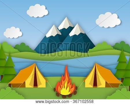 Paper Cut Summer Landsape. Landscape With Yellow Tent, Forest And Mountains On The Background. Adven