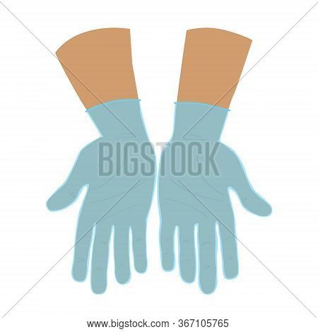 Two Open Adult Caucasian Hands With Palms Up In Protective Gloves. Offering And Giving Gesture. Hand