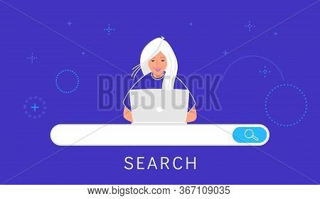 Information Searching Online With Laptop. Flat Line Vector Illustration Of Cute Woman Sitting At Wor