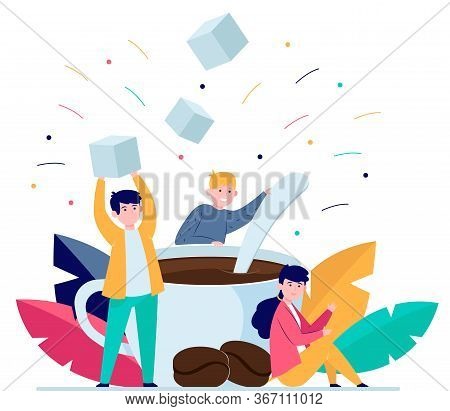 Tiny People Mixing Sugar In Big Cup Of Coffee Flat Vector Illustration. Cartoon Office Employees At 