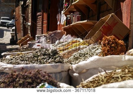 Various Spices In Sacks On Sale In The Village Bazaar In Lahic, Azerbaijan