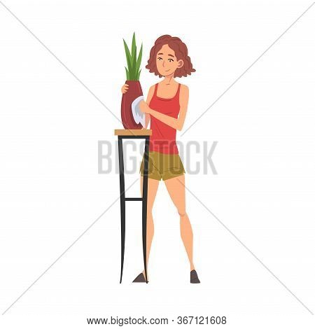 Young Woman Wiping Dust With Rug, Housewife Character Household Activity, Housekeeping, Everyday Dut