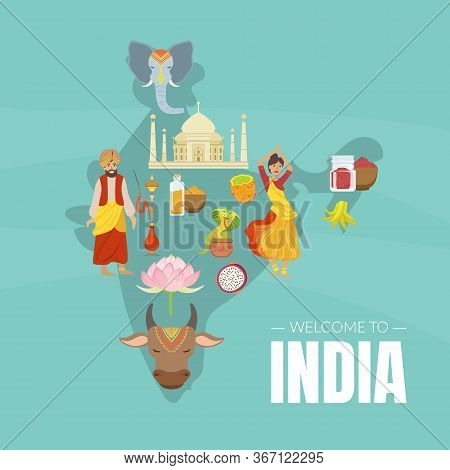 Welcome To India Banner Template With Indian Map And Traditional Cultural Symbols Vector Illustratio