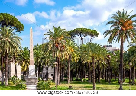 Rome, Italy - August 20, 2017: View Of The Park Of  Villa Torlonia With An Obelisk