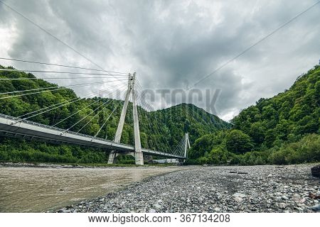 Cable-stayed Bridge Expressway Among The Mountains. Mountain River