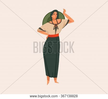 Hand Drawn Vector Stock Abstract Graphic Illustration With A Girl In Hat And Uniform On A Wild Safar