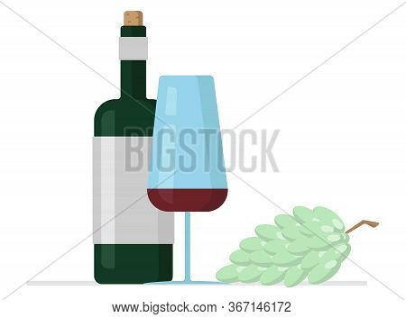 Red Wine With A Glass And Grapes. Vector Illustratio