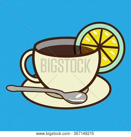 Cup Of Tea With Lemon. Cup With Saucer And Teaspoon Vector In Nice Colors Isolated On A Blue Backgro