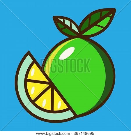 Lemon On In A Bright Cartoon Style. Lime Vector In Nice Colors Isolated On A Blue Background.