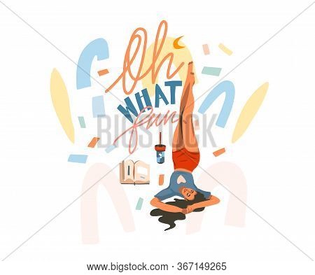 Hand Drawn Vector Abstract Stock Graphic Illustration With Young Female Reading Books And Drink Coff