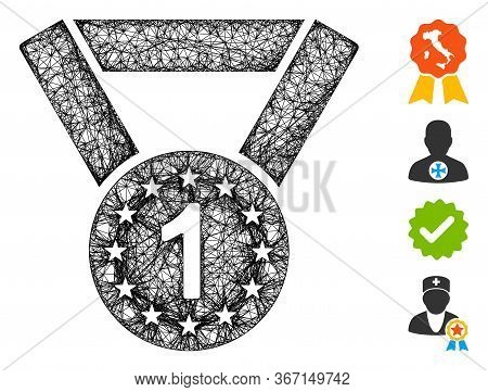 Mesh Medal First Web Icon Vector Illustration. Carcass Model Is Based On Medal First Flat Icon. Net 