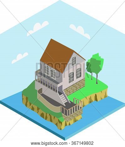 Vector Isometric Icon Or Infographic Element Representing Country House By The Lake. Collection Of U