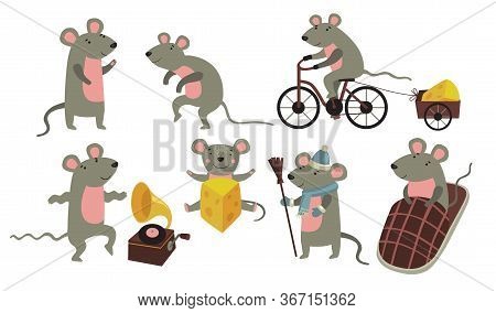 Happy Funny Mouse Set. Cartoon Rodent In Different Action, Riding Bike, Carrying Cheese, Dancing To 