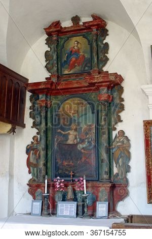 GORICA LEPOGLAVSKA, CROATIA - OCTOBER 08, 2016: The altar of Saint Vitus in the Chapel of Saint John the Baptist in Gorica Lepoglavska, Croatia