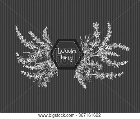Bouquet Of Hand Drawn Sketch Of Lavender Flower And Cute Bows Isolated On Chalkboard Background. Fra