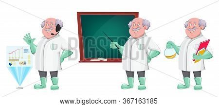 Funny Professor Cartoon Character, Set Of Three Poses. Usable Also As Scientist, Chemist, Laboratory
