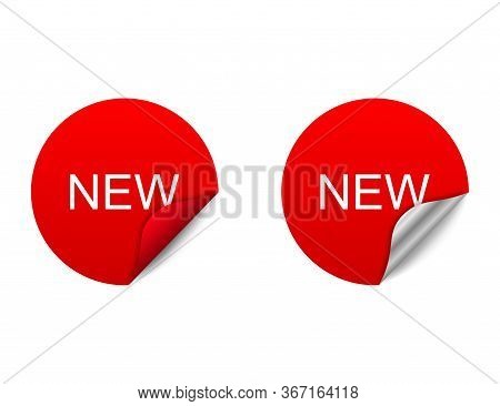 Red Sticker Icon. Shop Label With New Text. Mockup Of Round Curl Note With Message. Twisred Sticker 