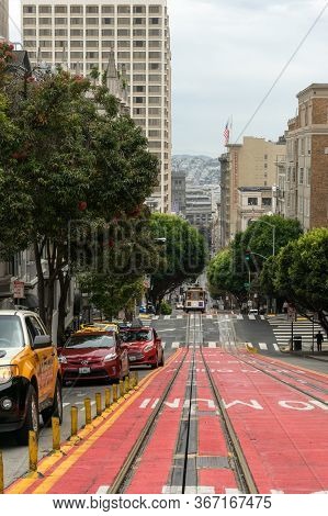 Cable Car On The Street Of San Francisco, Ca