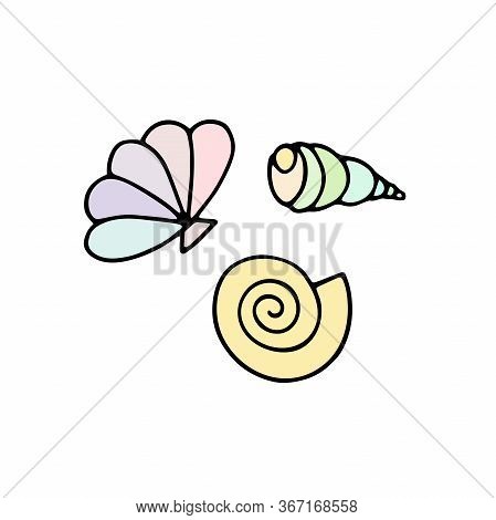 Seashells Vector Summer Set. Pastel Mermaid Color Sea Snails Isolated On White Background. Collectio