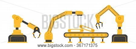 Set Of Robotic Hand Tools Or Industrial Welding Robots In A Factory Of A Production Line Manufacture