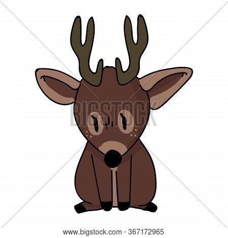 Cute Forest Sitting Deer Animal Vector Illustration. Buck Deer With Antlers. Childlish Hand Drawn Do