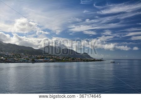 Morning View From Ship At Sea On Dominica Island, Roseau Port, Caribbean.