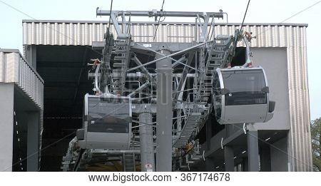 Two Gondolas At The Cable Car Station. An Empty Gondola, Ready To Receive Passengers At The Funicula