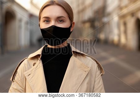 Woman Wearing Trendy Fashion Outfit During Quarantine Of Coronavirus Outbreak. Model Dressed Protect