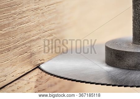 Cnc Milling Machine Cutting Wooden Oak Board. End Mill Make Hole In Timber Board.