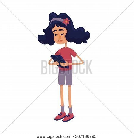 Teenager Girl Using Tablet, Phone Flat Cartoon Vector Illustration. Preteen Kid Addicted To Gadget. 