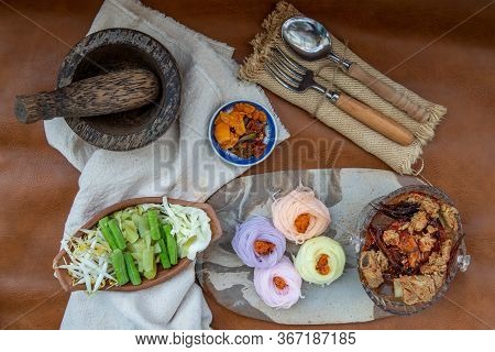 Rice Noodles With Spicy Pork Sauce Or Nam Ngiao Rice Noodle (traditional Northern Thai Cuisine). Nam