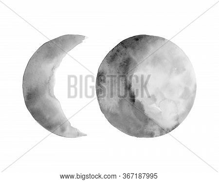 Set Of Two Phases Of The Moon. Crescent Moon And The Full Moon. Gray Earth Satellites . Watercolor I
