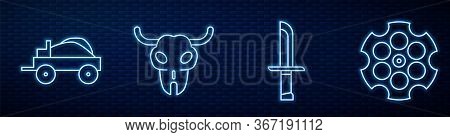 Set Line Military Knife, Wild West Covered Wagon, Buffalo Skull, Revolver Cylinder And Church Buildi