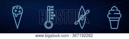 Set Line Kayak Or Canoe And Paddle, Ice Cream In Waffle Cone, Meteorology Thermometer, Ice Cream In 