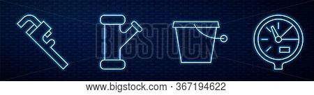 Set Line Bucket, Pipe Adjustable Wrench, Industry Metallic Pipe And Water Meter. Glowing Neon Icon O