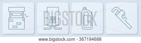 Set Line Well, Container With Drain Cleaner, Gas Boiler With A Burning Fire And Pipe Adjustable Wren