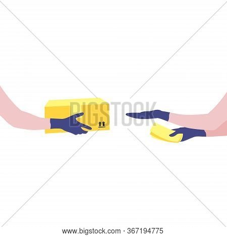Vector Illustration Of Courier's Hands In Protective Gloves With Package And Human Reaching Out Hand