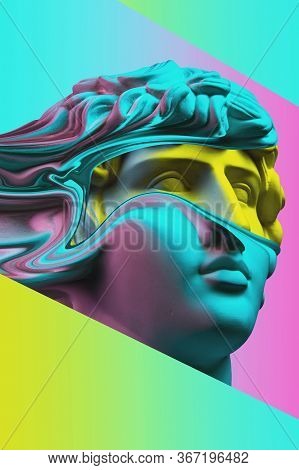 Plaster Sculpture Of Young Man Face In A Pop Art Style. Statue Of Antinous Head. Creative Concept Co