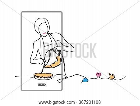 Baking, Cooking Vlog. Vector Concept With Girl, Phone, Like, Thumb Up, Heart, Comment. One Continuou