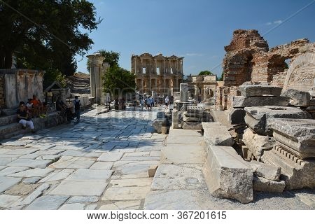 Ephesus, Turkey - August 16, 2017: Celsus Library In Ephesus Ancient City, Selcuk, Turkey. Curetes S