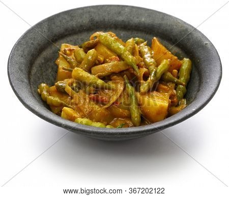 Sengri aloo ki sabzi, simmered radish pods & potatoes with spices, indian cuisine