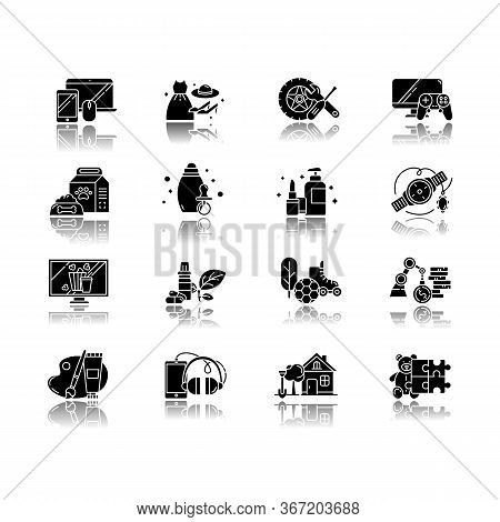 E Commerce Departments Drop Shadow Black Glyph Icons Set. Online Shopping Categories. Beauty, Person