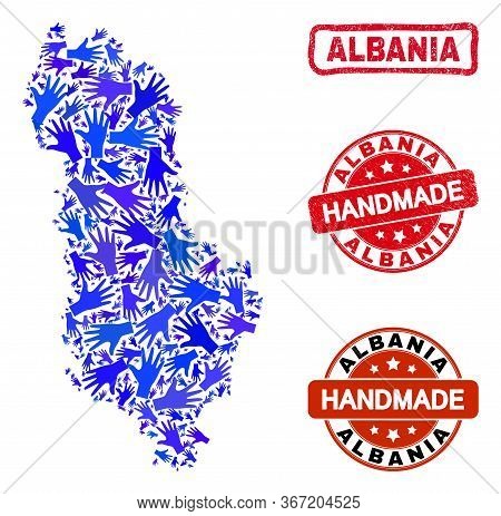 Vector Handmade Collage Of Albania Map And Grunge Seals. Mosaic Albania Map Is Formed Of Randomized 