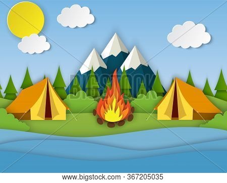 Paper Cut Summer Landsape. Landscape With Yellow Tent, Forest And Mountains On The Background. Adven