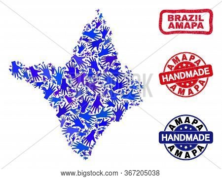 Vector Handmade Combination Of Amapa State Map And Corroded Stamp Seals. Mosaic Amapa State Map Is D