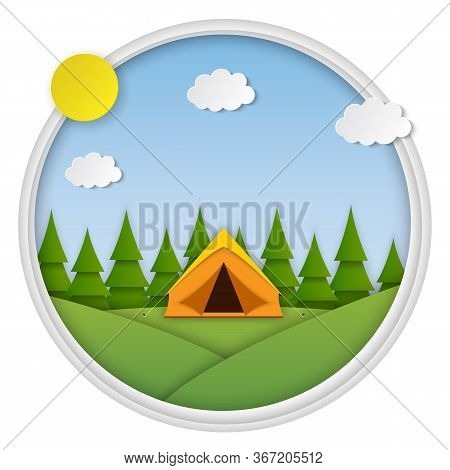 Paper Cut Summer Landsape. Landscape With Yellow Tent, Forest On The Background. Adventures In Natur