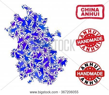Vector Handmade Collage Of Anhui Province Map And Rubber Seals. Mosaic Anhui Province Map Is Made Wi