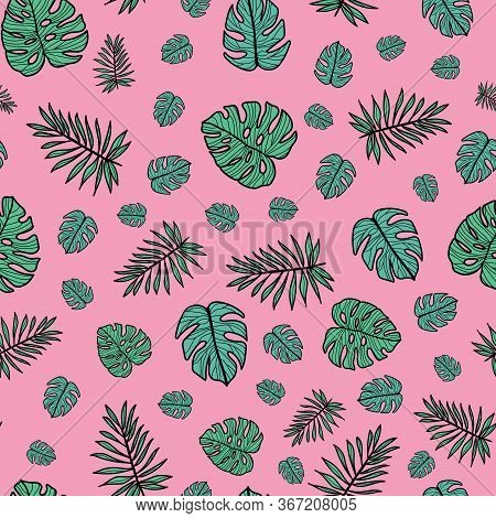 Cheese Plant And Palm Exotic Tropical Monstera House Plant Leaves. Vector Repeat Pattern. Great For 